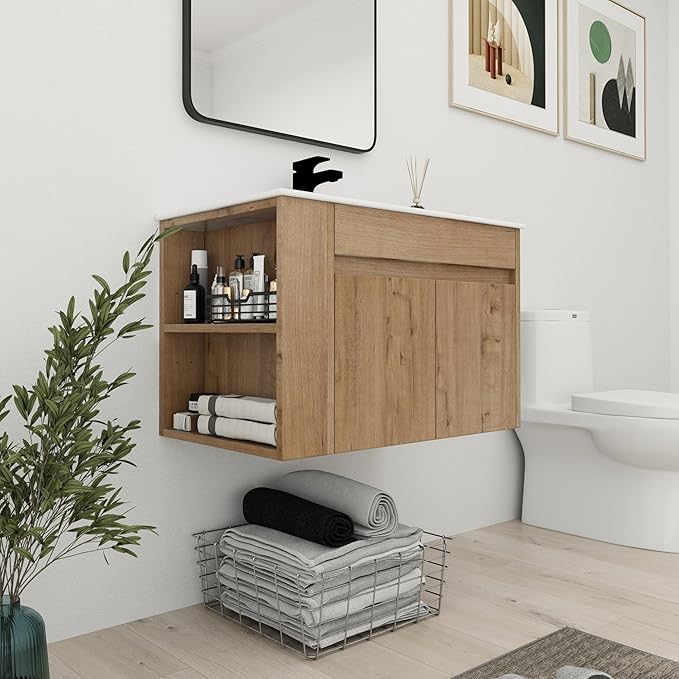 Bathroom Vanity with Sink 30 Inch, Modern Bathroom Vanities Set, Single Bathroom Vanity Set with Top Basin and Storage Cabinet, Soft Close Door(IMO, 30 * 18)