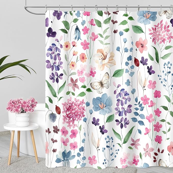 Extra Long Shower Curtain 72 x 96 Inch, Floor to Ceiling X-Long Colorful Floral Shower Curtain, Pink Green Blue Flower Butterfly Fabric Shower Curtain Set with Hooks