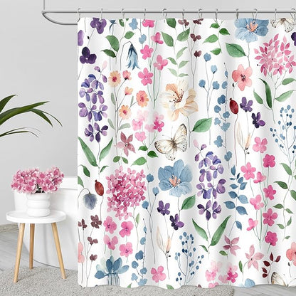Extra Long Shower Curtain 72 x 96 Inch, Floor to Ceiling X-Long Colorful Floral Shower Curtain, Pink Green Blue Flower Butterfly Fabric Shower Curtain Set with Hooks