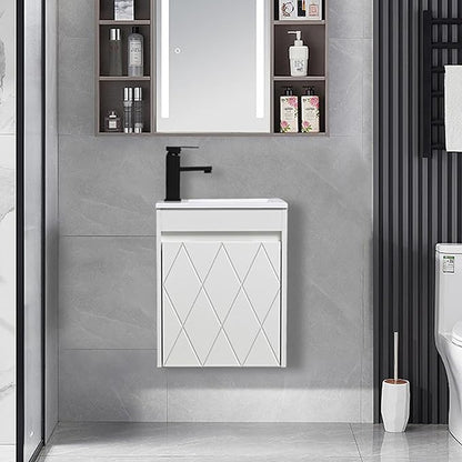 16" Bathroom Vanity Sink Combo for Small Space, Wall Mounted Bathroom Cabinet Set with White Resin Basin Sink Top Black Faucet Pop Up Drain White
