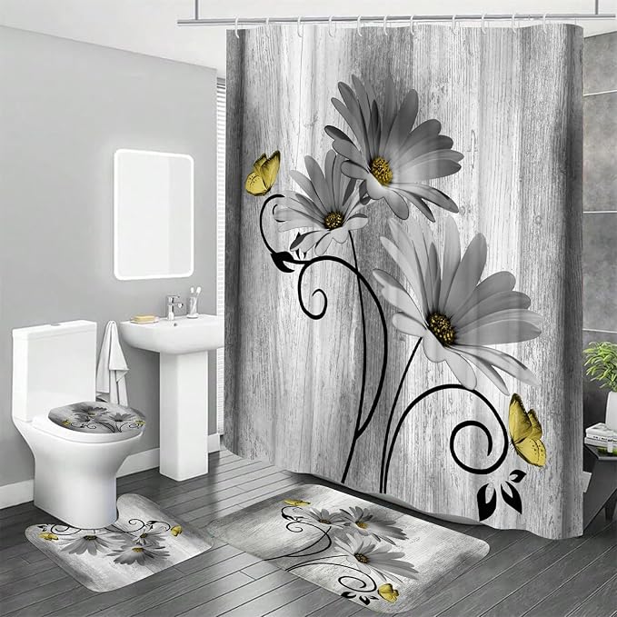 Onalasyc 4PCS Grey Daisy Floral Bathroom Sets with Shower Curtain and Rugs | Country Floral Butterfly Shower Curtain Set,Modern Bathroom Decor Shower Curtains Set with Rugs Toilet Lid Cover and 12 Hooks