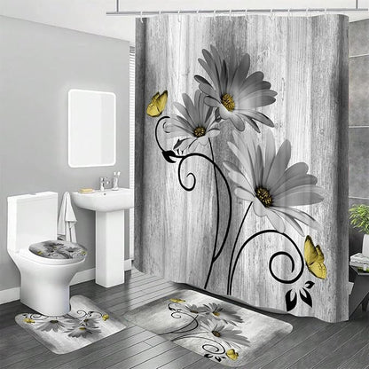 Onalasyc 4PCS Grey Daisy Floral Bathroom Sets with Shower Curtain and Rugs | Country Floral Butterfly Shower Curtain Set,Modern Bathroom Decor Shower Curtains Set with Rugs Toilet Lid Cover and 12 Hooks