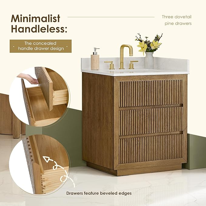 ALTAIR Bathroom Vanity 30 Inch with Sink Mordern Freestanding Single Vanities Brown Large Storge Cabinet with Backsplash Sidesplash Ceramic Countertop Pre-Assembled Bath Fixtures