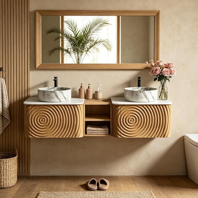 60" Floating Bathroom Vanity with Double Sink, Mid-Century Wall Mounted Bathroom Vanity Cabinet with Wood Waved Decor, Marble Ceramic Basin, Sintered Stone Top, Soft Close Drawer, Side Open Cube