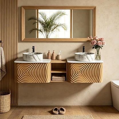 60" Floating Bathroom Vanity with Double Sink, Mid-Century Wall Mounted Bathroom Vanity Cabinet with Wood Waved Decor, Marble Ceramic Basin, Sintered Stone Top, Soft Close Drawer, Side Open Cube