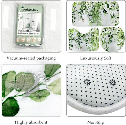 16 Pcs Sage Green Eucalyptus Shower Curtain Set with Rugs | Botanical Leaf Bath Curtains, Quick Absorbent Foam Mats, 120GSM Heavy-Weight Fabric Curtain with 12 Metal Hooks, 72x72 Inch