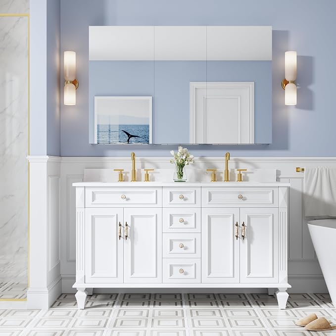 56" x 36" Bathroom Medicine Cabinet with Mirror, Anodized Chrome Aluminum Frame, Surface Mount or Recessed Medicine Cabinet with Mirror, Bathroom Mirror with Storage, Three Doors