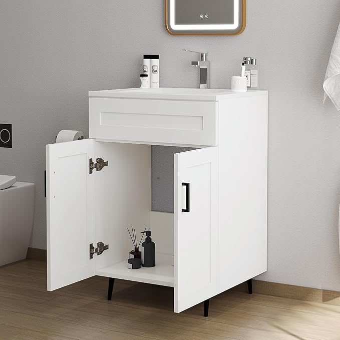 24 Inch Bathroom Vanity with Sink, Modern Wooden Freestanding Bathroom Storage Cabinet with 2 Doors and 1 Drawer, Metal Legs, Painted Surface, White