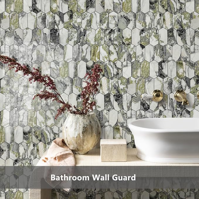 Vamos Tile Long Hexagon Peel and Stick Backsplash Tile - 10 Sheets Stick on Backsplash for Kitchen and Bathroom 12.4 x 12 Inch Glossy Ice Green PVC Self Adhesive Mosaic Wall Tiles