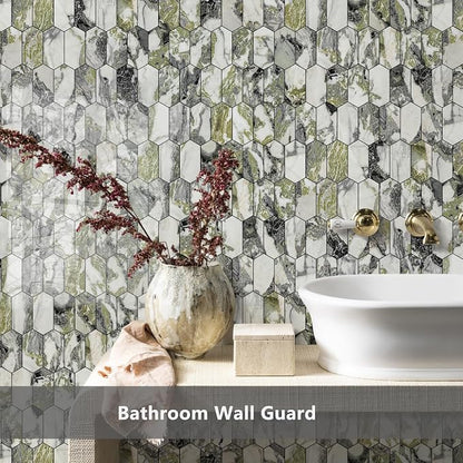 Vamos Tile Long Hexagon Peel and Stick Backsplash Tile - 10 Sheets Stick on Backsplash for Kitchen and Bathroom 12.4 x 12 Inch Glossy Ice Green PVC Self Adhesive Mosaic Wall Tiles