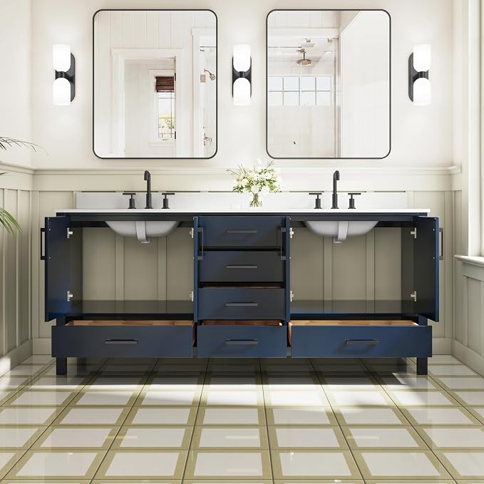 80-Inch Bathroom Vanity with Sink, 4 Soft-Close Doors and 6 Soft-Close Drawers, Bathroom Freestanding Vanity with Cultured Marble Countertop, Navy Blue Vanity with Matte Black Handles
