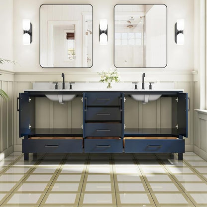 80-Inch Bathroom Vanity with Sink, 4 Soft-Close Doors and 6 Soft-Close Drawers, Bathroom Freestanding Vanity with Cultured Marble Countertop, Navy Blue Vanity with Matte Black Handles