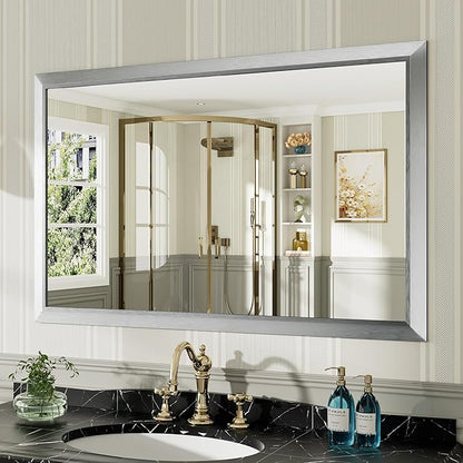 48x30 Inch Brushed Silver Bathroom Mirror for Wall, Thick Metal Framed Rectangle Mirrors for Over Sink, Bedroom, Living Room, Entryway, Anti-Rust, HD Tempered Glass