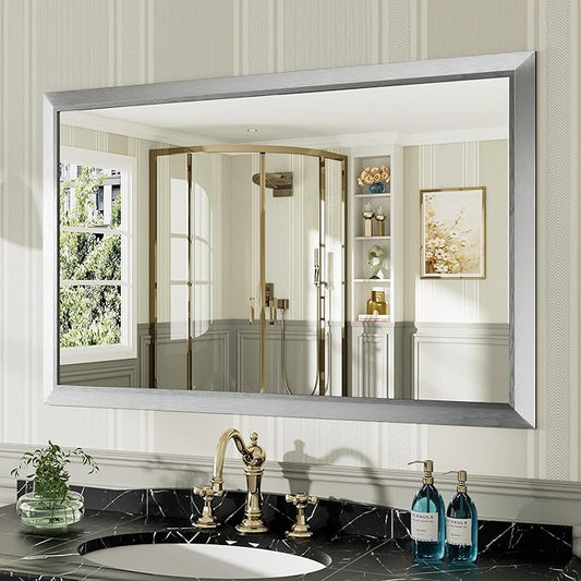 48x30 Inch Brushed Silver Bathroom Mirror for Wall, Thick Metal Framed Rectangle Mirrors for Over Sink, Bedroom, Living Room, Entryway, Anti-Rust, HD Tempered Glass