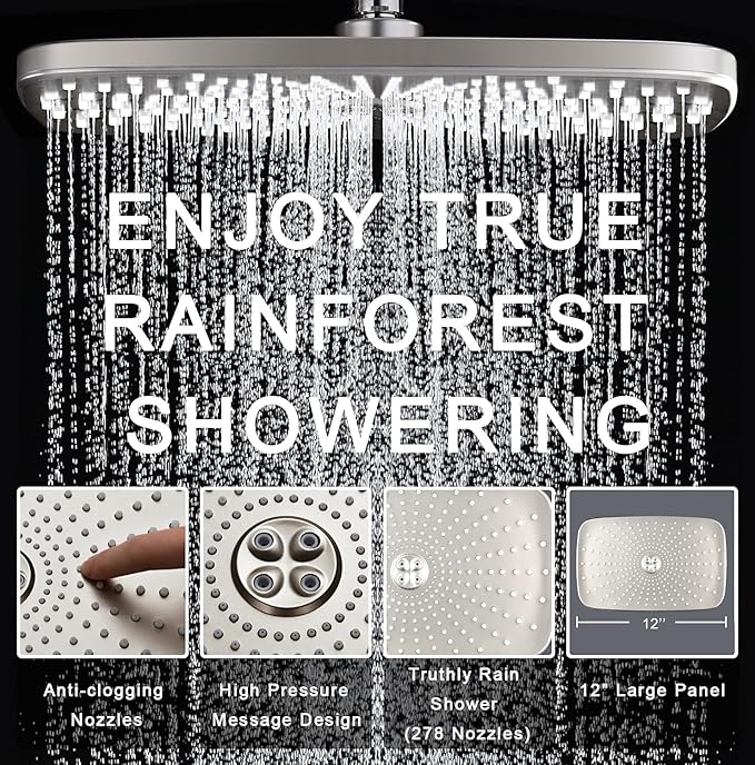 12" High Pressue Rain Shower Head with Handheld, 9 Sprays Hand Showerhead | Shower Heads with Handheld Spray Combo, Dual Head, Built-in Magnetic Docking, Power Jets, 59" Shower Hose, Nickel 1.8GPM