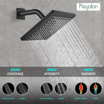 Heyalan 8 Inch Shower Faucet Set with Tub Spout and Valve,Matte Black | 8-inch square rainfall head, tub spout with diverter, male-thread rough-in valve, single-handle control and wall-mount design