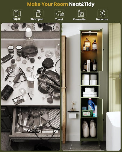 HAIOOU 67" Tall Bathroom Storage Cabinet with Light,11.8"W Narrow Bathroom Cabinet with Adjustable Glass Shelves,Slim Freestanding Cabinet for Small Spaces,Skinny Cabinet for Kitchen,Living Room Green