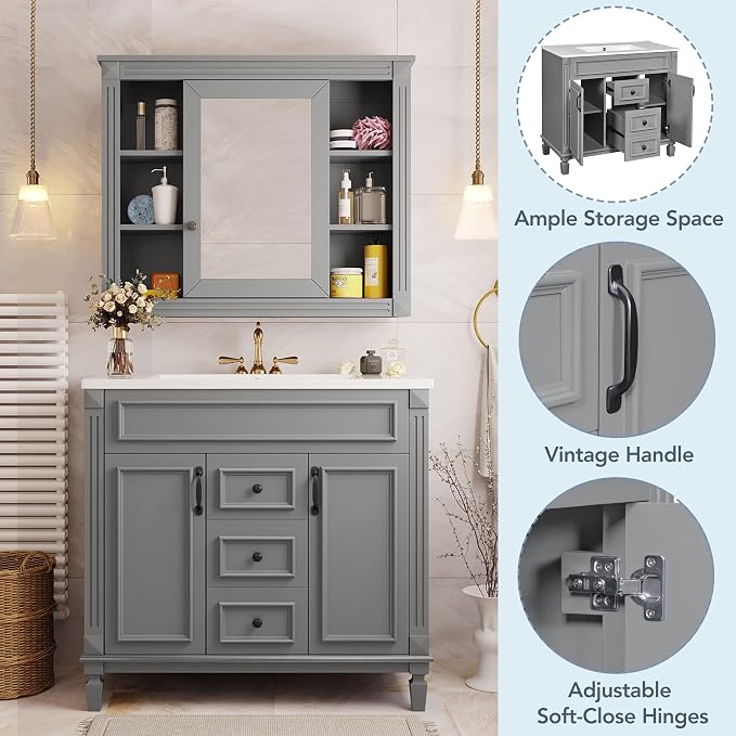 36" Bathroom Vanity with Top Sink, Mirror Cabinet, Modern Bathroom Storage Cabinet with 2 Soft Closing Doors and 2 Drawers, Single Sink Bathroom Vanity