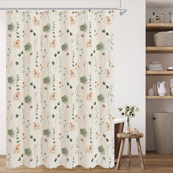 Sage Green Linen Watercolor Floral Fabric Shower Curtain, 72x78 | Linen Fabric, Modern Minimalist Floral Print, Machine Washable, Rustproof Grommets, for Bathroom Home