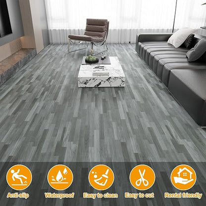 Countewol Peel and Stick Vinyl Flooring Roll Grey Wood Look, Self Adhesive Waterproof Removable PVC Floor Sheet for Apartment Kitchen RV