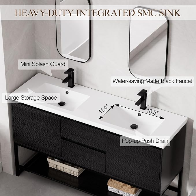 LUCKWIND 60" Modern Bathroom Vanity with Dual White Sink Combo, Freestanding Storage Cabinet with Metal Frame, Matte Black Faucet and Open Shelf and 2 Soft-Closing Door, Black