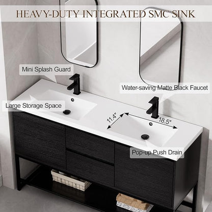 LUCKWIND 60" Modern Bathroom Vanity with Dual White Sink Combo, Freestanding Storage Cabinet with Metal Frame, Matte Black Faucet and Open Shelf and 2 Soft-Closing Door, Black