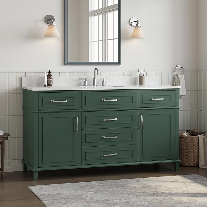 60 Inch Green Bathroom Vanity Single Sink, Fully Assembled Bathroom Vanities with Soft Closing Doors & Dovetail Drawers, Solid Wood Vanity Bathroom, 60 Inch Vanity Single Sink