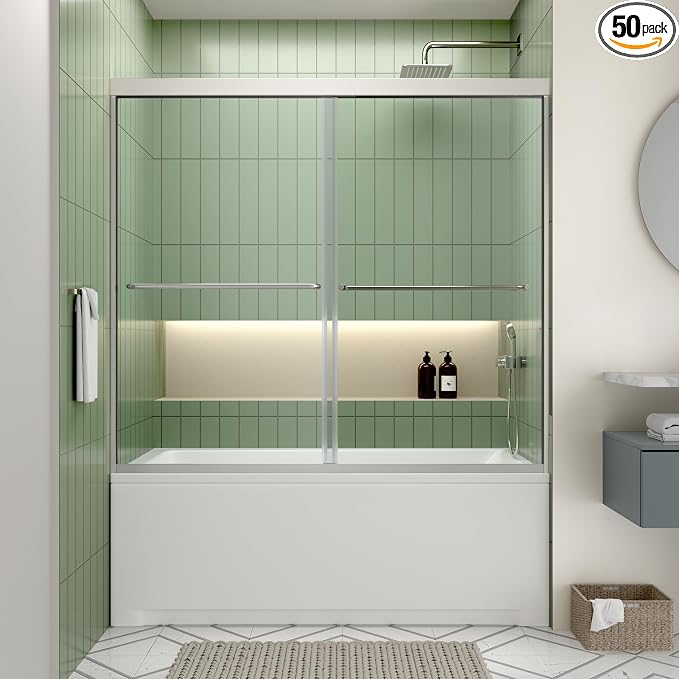 ACE DECOR Double Sliding Bathtub Shower Door 56-60" W x 58" H,Chrome Finish | Tub Shower Doors for Walk-in Shower,6mm Clear SGCC Tempered Glass,Bypass Shower Enclosure Easy-Clean Nano Coating&Waterproof