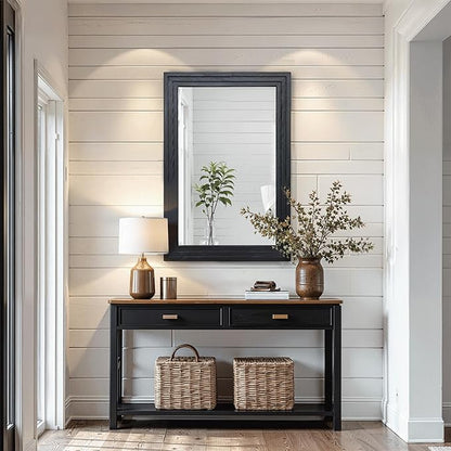 Farmhouse Rustic Wood Framed Bathroom Vanity Mirror for Wall, 20x30, Black | Recessed Stepped Solid Wood Frame, HD Shatterproof Glass, Vertical/Horizontal Mount, for Bathroom Sink, Living Room, Entryway