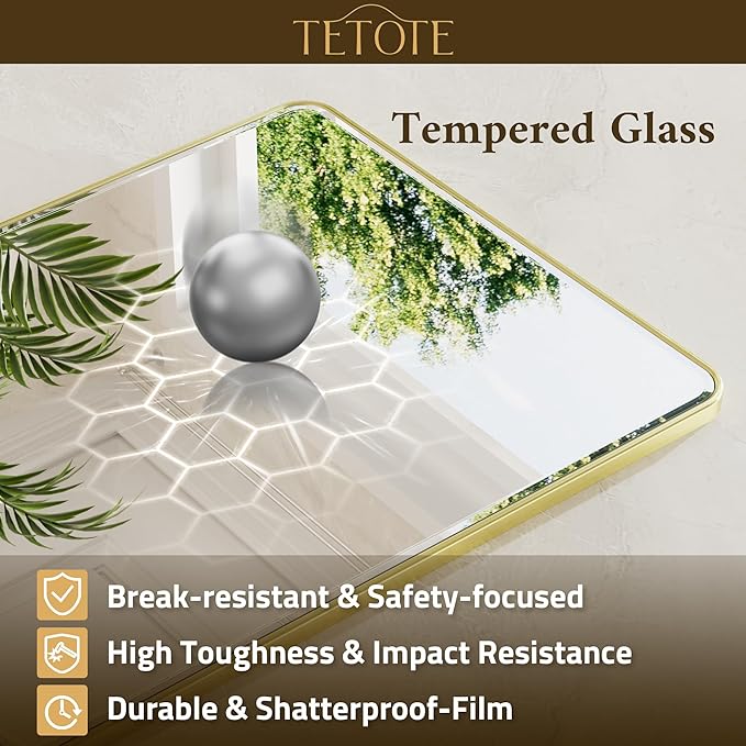 Brushed Gold Bathroom Mirror 24 x 30 Beveled Edge Tempered Glass, Rounded Corner Rectangle Bathroom Mirror for Over Sink for Modern Bathroom, Living Room, Bedroom, Entryway