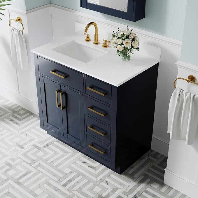 36-Inch Bathroom Vanity with Sink W/ 2 Doors & 4 Drawers & 1 Flip Drawer, Navy Blue Vanity W/Brushed Gold Handles
