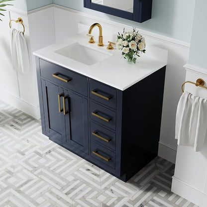 36-Inch Bathroom Vanity with Sink W/ 2 Doors & 4 Drawers & 1 Flip Drawer, Navy Blue Vanity W/Brushed Gold Handles