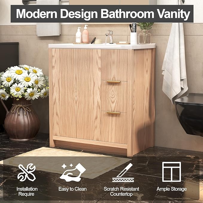 31.5'' Bathroom Vanity with Ceramic Single Sink Combo, Small Freestanding Bathroom Storage Vanity Cabinet with Drawer & Cabinet, Metal Handle, Natural Wood Color