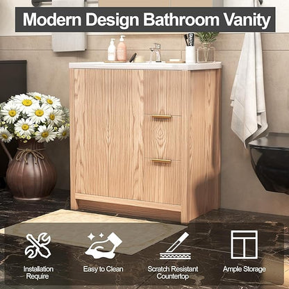 31.5'' Bathroom Vanity with Ceramic Single Sink Combo, Small Freestanding Bathroom Storage Vanity Cabinet with Drawer & Cabinet, Metal Handle, Natural Wood Color