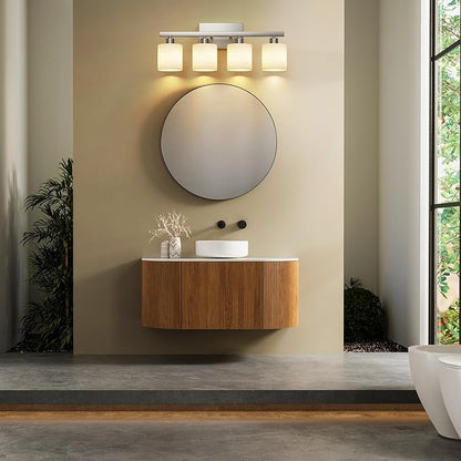 PARTPHONER Bathroom Light Fixtures, Bathroom Lighting Fixtures Over Mirror, Classic Vanity Lights, Modern Vanity Light with Textured Frosted Opal White Glass Shades, Brushed Nickel, 4-Light