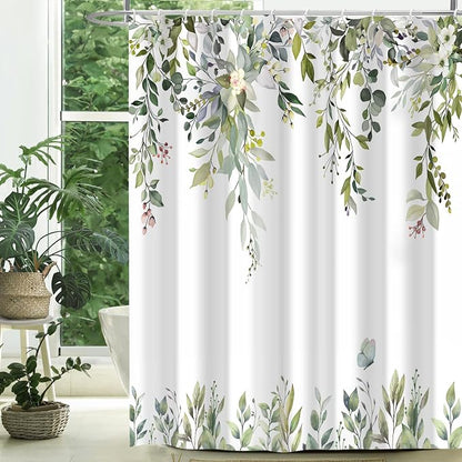 Sage Green Floral Eucalyptus Shower Curtain with Hooks, 72x72 Inch | Waterproof Fabric, Watercolor Leaves and Floral, Botanical Style, Machine Washable, Quick-Drying, for Hotel Bathroom