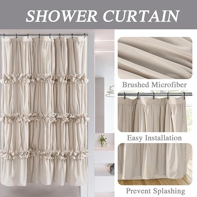 Homechoice Decor Camel Ruffle Stall Shower Curtain, Vintage Handcrafted Bow Tie Bath Curtain for Master Bathroom, Ruched Microfiber Bathroom Curtain with 8 Buttonholes, 48" W x 72" H (LQ-10)