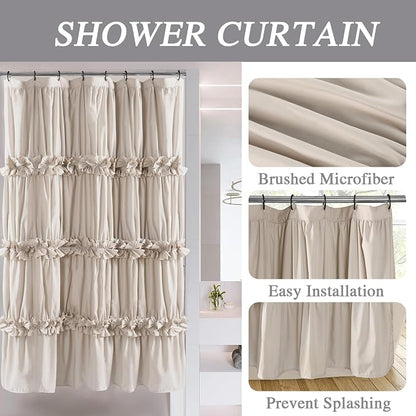 Homechoice Decor Camel Ruffle Stall Shower Curtain, Vintage Handcrafted Bow Tie Bath Curtain for Master Bathroom, Ruched Microfiber Bathroom Curtain with 8 Buttonholes, 48" W x 72" H (LQ-10)