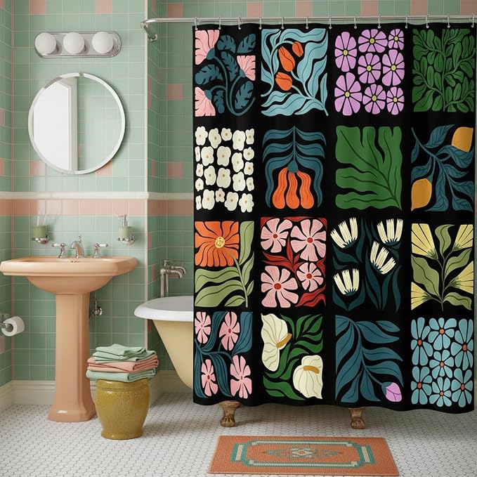 JAWO Retro Shower Curtain Vintage Abstract Cute Boho Floral Shower Curtains for Bathroom Decor Black Blue Botanical Geometric Groovy Aesthetic Pattern Shower Curtain Sets with Hooks, 70X70IN