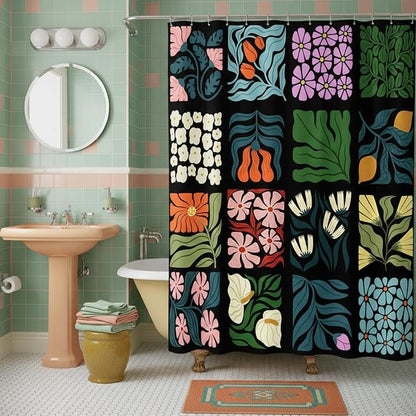 JAWO Retro Shower Curtain Vintage Abstract Cute Boho Floral Shower Curtains for Bathroom Decor Black Blue Botanical Geometric Groovy Aesthetic Pattern Shower Curtain Sets with Hooks, 70X70IN