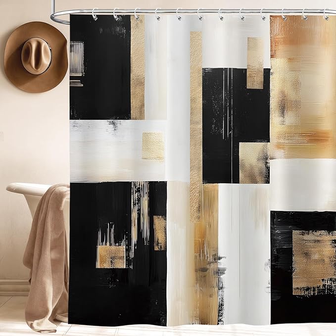 Black and Gold Abstract Shower Curtain, Boho Modern Art Aesthetic Oil Painting Shower Curtain Set, Brown Beige Neutral Artistic Fabric Shower Curtains for Bathroom with 12PCS Hooks 72X72IN