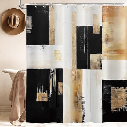 Black and Gold Abstract Shower Curtain, Boho Modern Art Aesthetic Oil Painting Shower Curtain Set, Brown Beige Neutral Artistic Fabric Shower Curtains for Bathroom with 12PCS Hooks 72X72IN