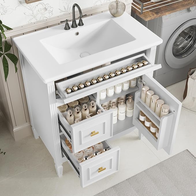 30" Bathroom Vanity with Ceramic Sink, Undermount Single Basin Bath Vanity Set w/1 Flip-Up & 2 Drawers,Modern Freestanding Storage Cabinet w/Adjustable Shelf,Solid Wood Frame,White