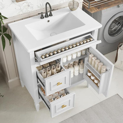 30" Bathroom Vanity with Ceramic Sink, Undermount Single Basin Bath Vanity Set w/1 Flip-Up & 2 Drawers,Modern Freestanding Storage Cabinet w/Adjustable Shelf,Solid Wood Frame,White