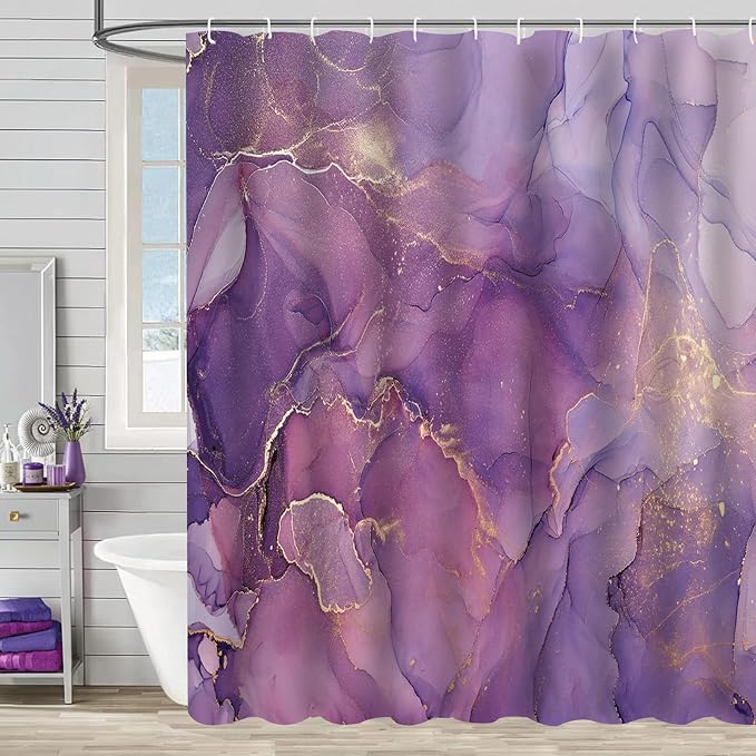 Purple Marble Shower Curtain Lavender Gold Modern Abstract Ombre Watercolor Ink Art Bathroom Curtains Waterproof Polyester Fabric Bath Curtain 72 x 72 Inch with 12 Hooks