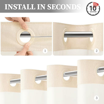 72x99 Ringless Linen Textured Shower Curtain with Snap in Liner, Cream | Extra Long Size, 3 in 1 Durable Fabric Shower Curtain, Removable Liner, Waterproof & Washable, Mesh Top Window, Easy Setup
