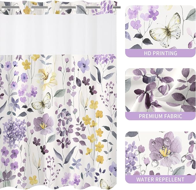 No Hook Purple Watercolor Floral Shower Curtain and Liner Set, 72x74 | Spring Flower Shower Curtains with Snap-in Liner for Farmhouse Bathroom Decor, Botanical Bathroom Curtain with Leaves