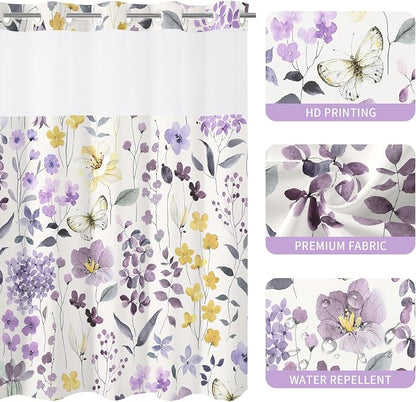 No Hook Purple Watercolor Floral Shower Curtain and Liner Set, 72x74 | Spring Flower Shower Curtains with Snap-in Liner for Farmhouse Bathroom Decor, Botanical Bathroom Curtain with Leaves
