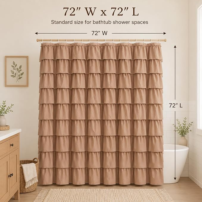 Brown Ruffle Shower Curtain, Chocolate Farmhouse Design for Girls, Elegant Privacy & Cute Luxury Ruffled, Boho Bathroom Decor, Bath Curtains, Vintage Taupe, Modern Country Style, 72 x72 inch