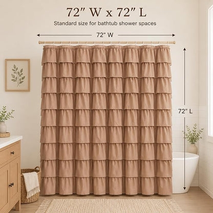 Brown Ruffle Shower Curtain, Chocolate Farmhouse Design for Girls, Elegant Privacy & Cute Luxury Ruffled, Boho Bathroom Decor, Bath Curtains, Vintage Taupe, Modern Country Style, 72 x72 inch